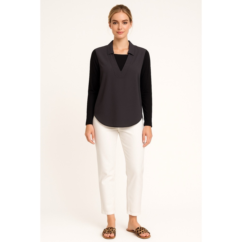 T. Tahari Black Hi Lo Pullover Blouse Top Collared Long Sleeve V Neck Size SP